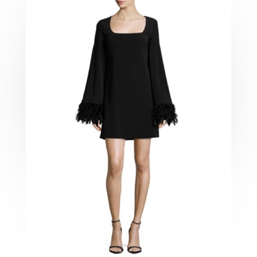Little black dress season! Cape Dress in black with Feather Cuffs size 2